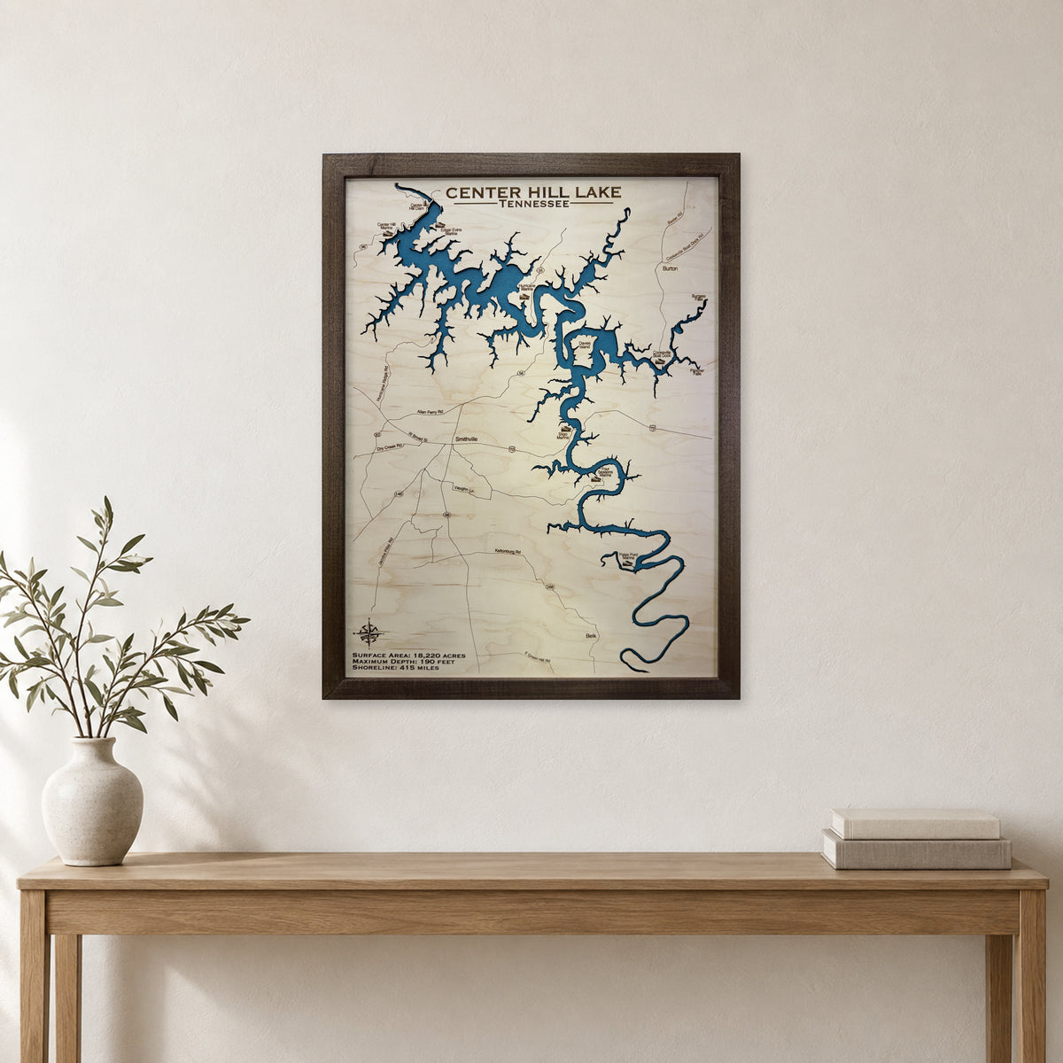 Center Hill Scantland wood map — single layer, staged room mockup