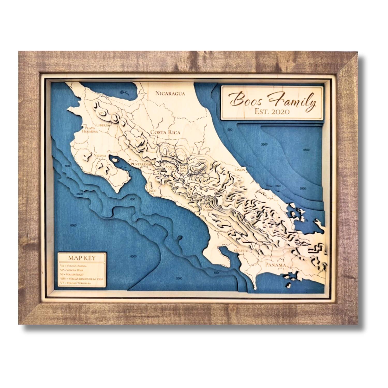 Wooden topographic map of Central America on a white background. 