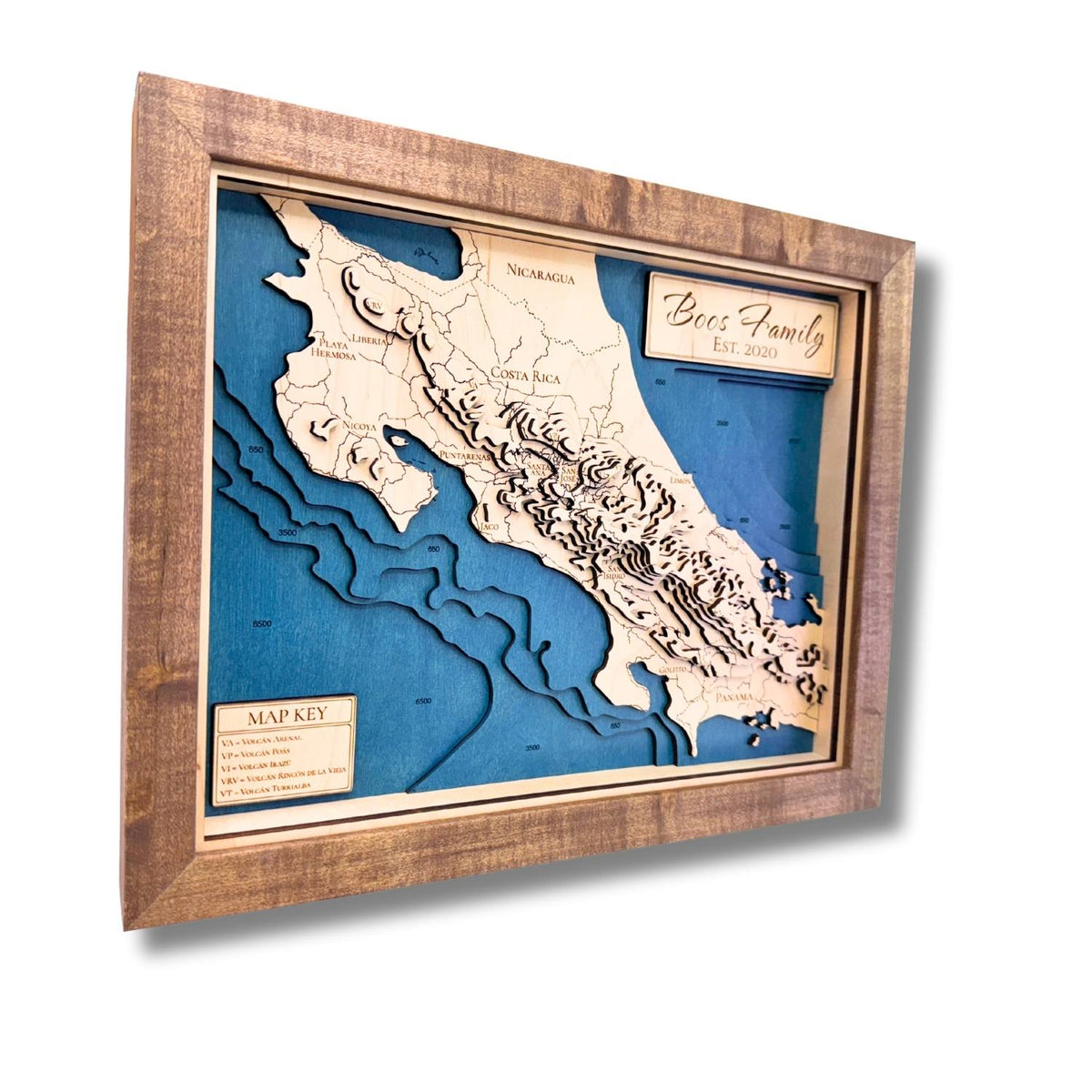 Sideview of a personalized topographic wooden map of Central America.