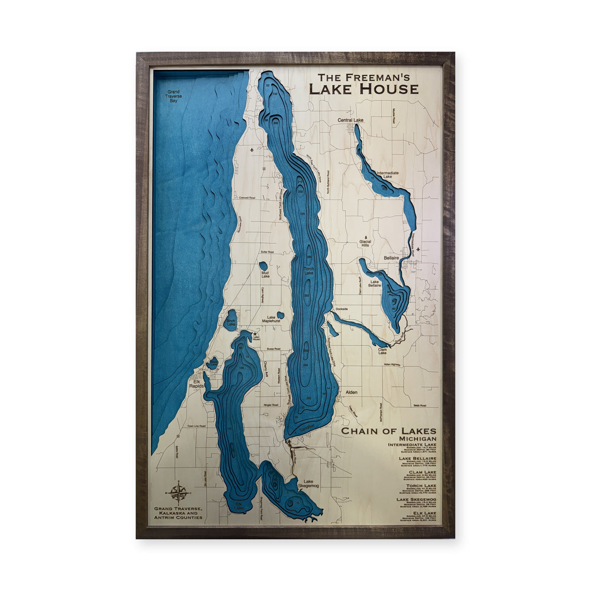 Chain Lakes Freeman wood map — multilayer, white background