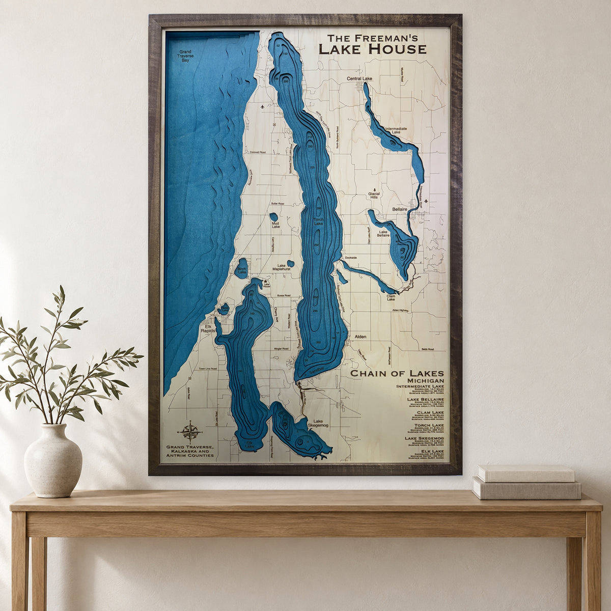 Chain Lakes Freeman wood map — multilayer, staged room mockup