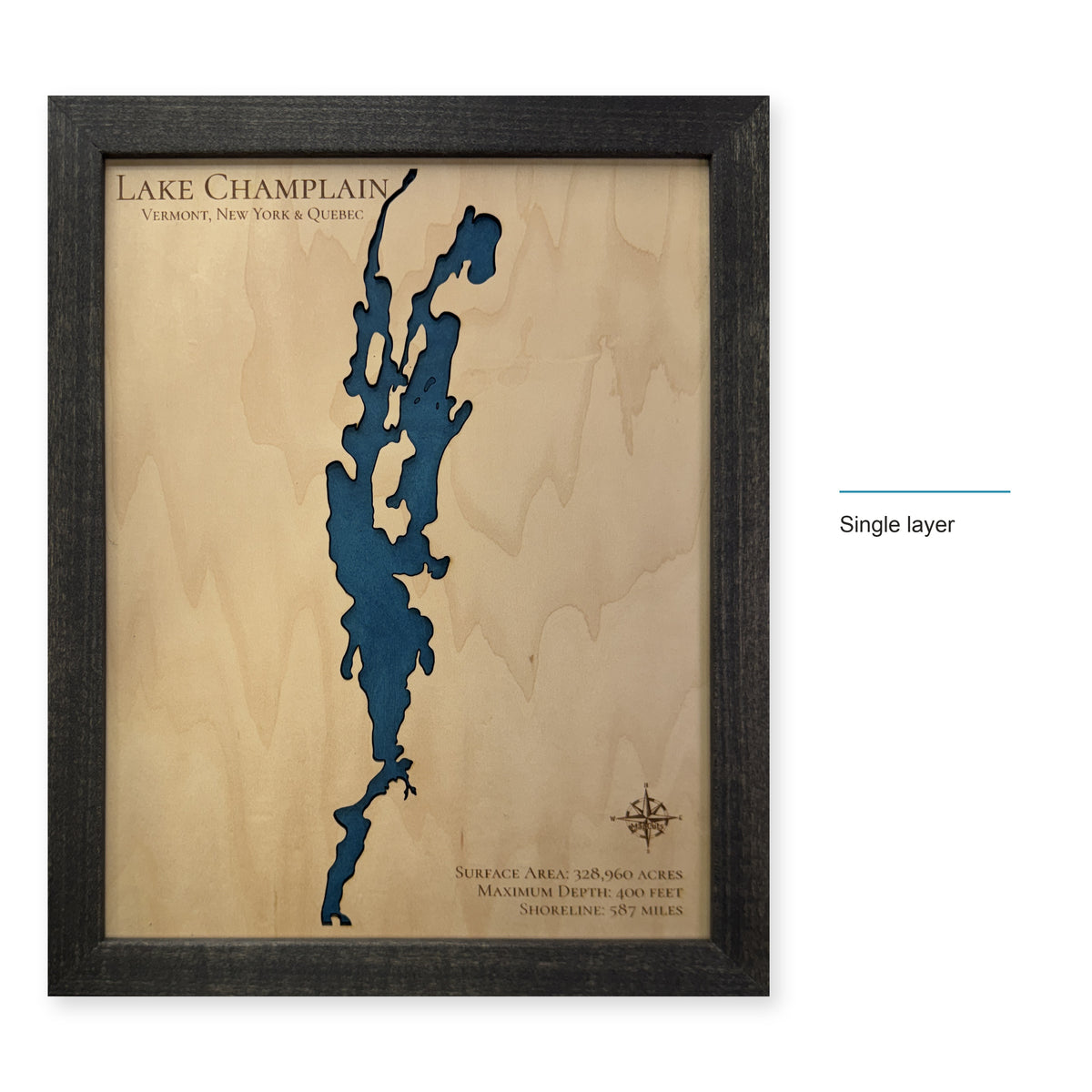 Champlain No Roads wood map — single layer, layer option shown