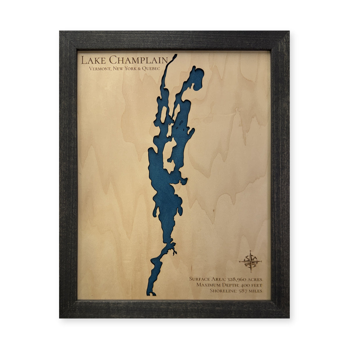 Champlain No Roads wood map — single layer, white background