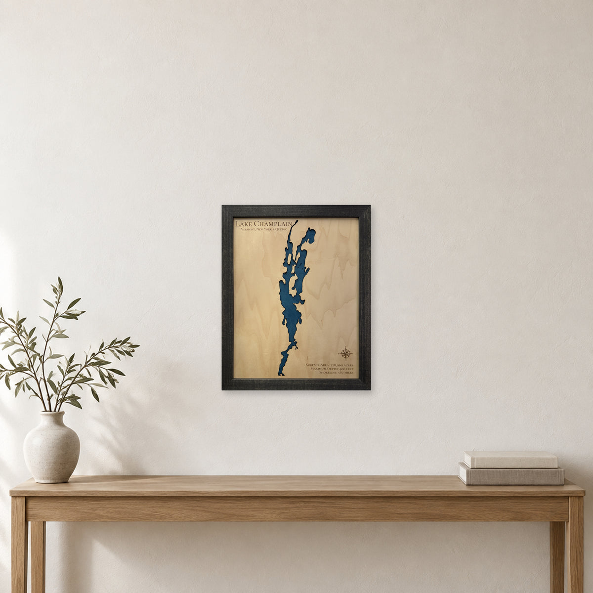 Champlain No Roads wood map — single layer, staged room mockup