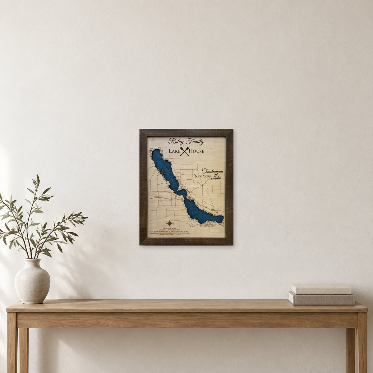 Chautauqua Lake Robey wood map — single layer with engraved contours, staged room mockup