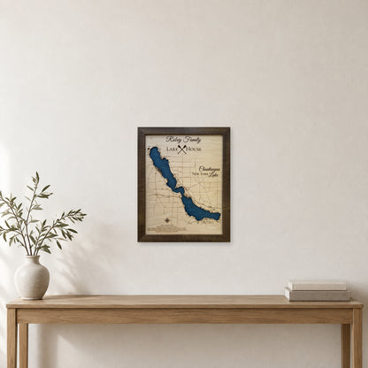 Chautauqua Lake Robey wood map — single layer with engraved contours, staged room mockup