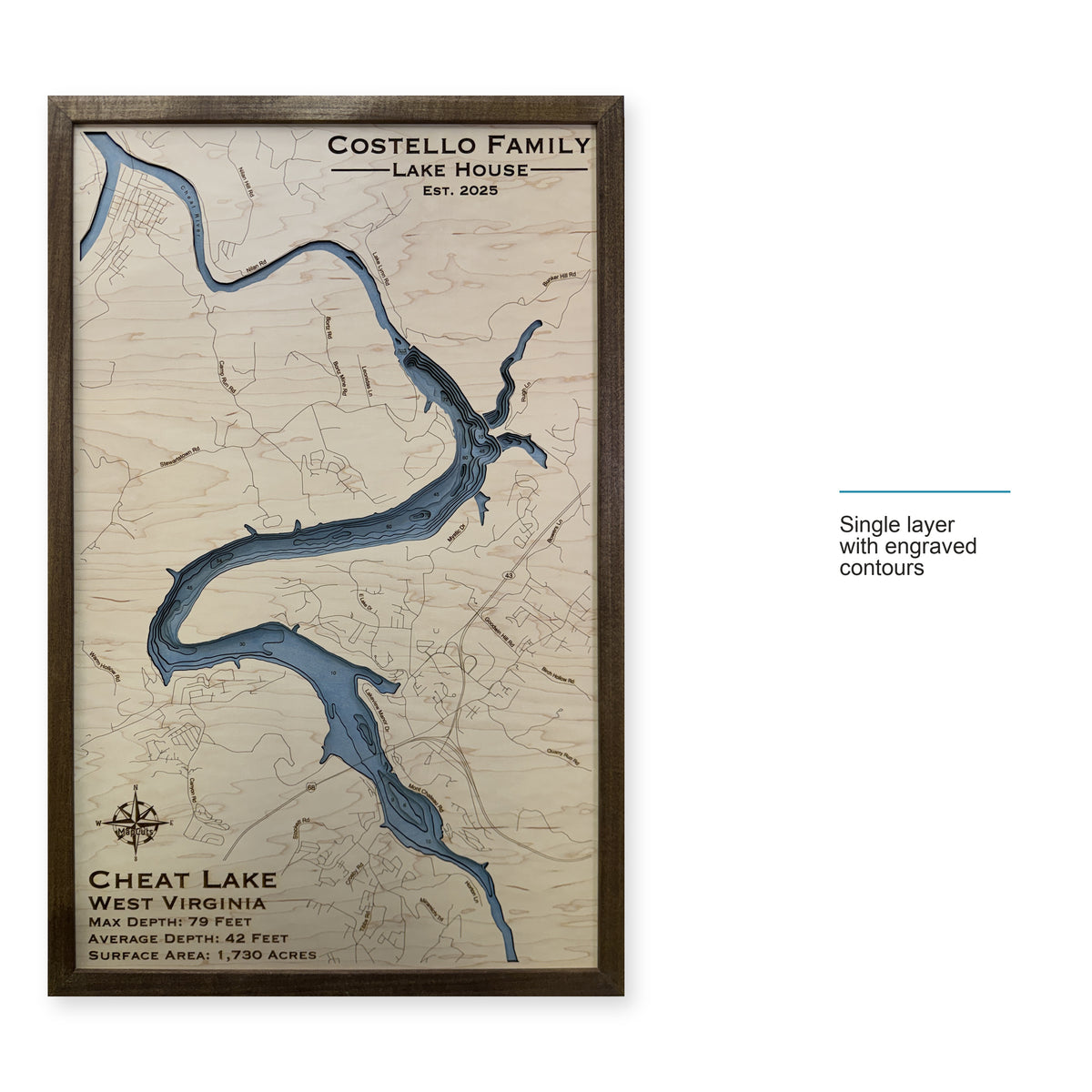 Cheat Costello wood map — single layer with engraved contours, layer option shown