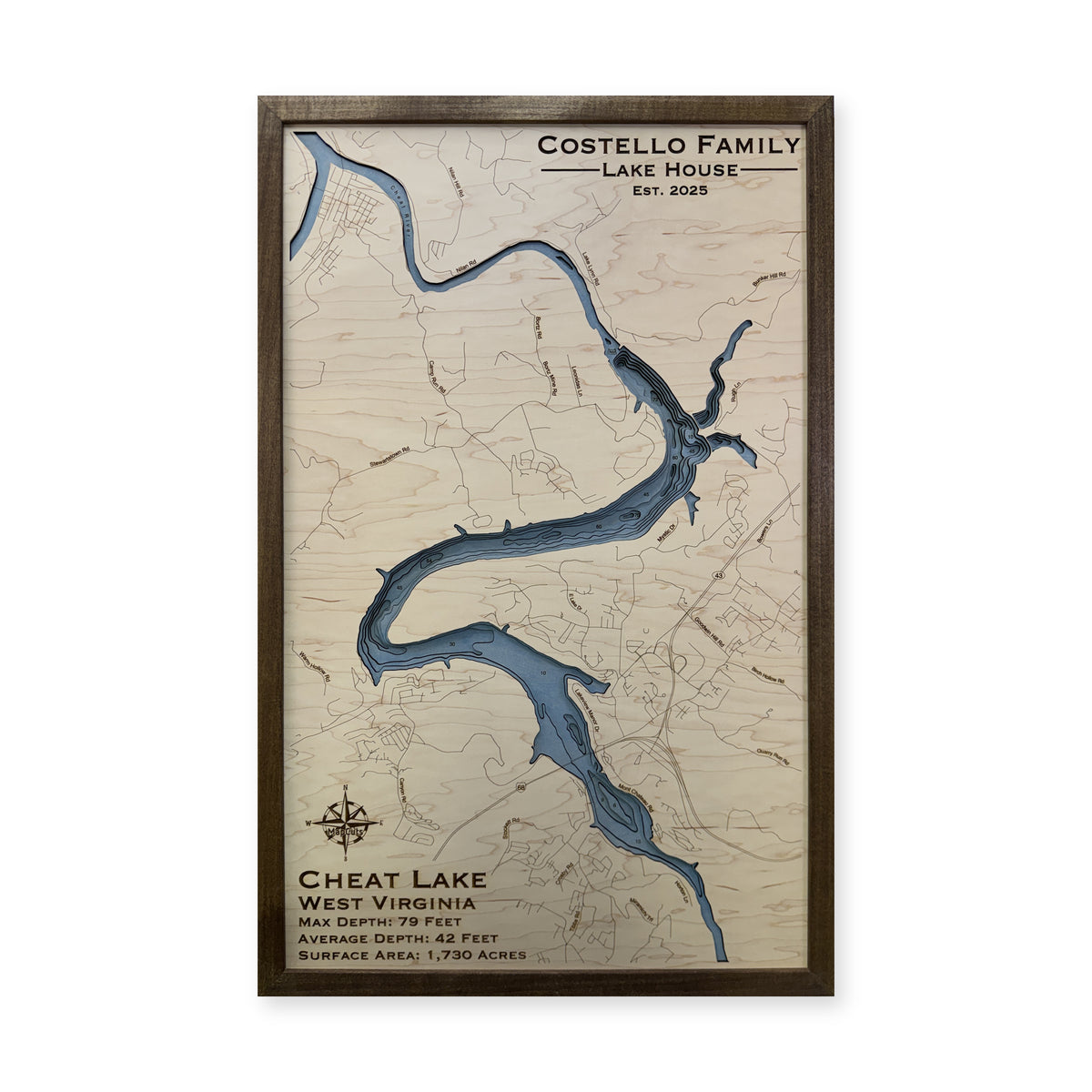 Cheat Costello wood map — single layer with engraved contours, white background