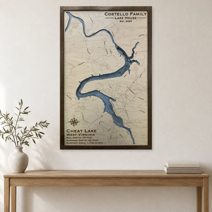 Cheat Costello wood map — single layer with engraved contours, staged room mockup