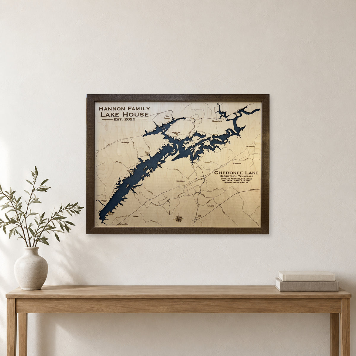Cherokee Lake Hannon wood map — single layer, staged room mockup