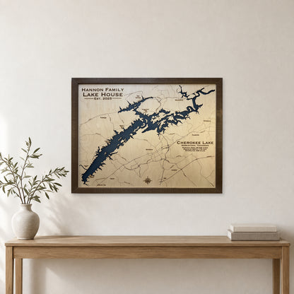 Cherokee Lake Hannon wood map — single layer, staged room mockup