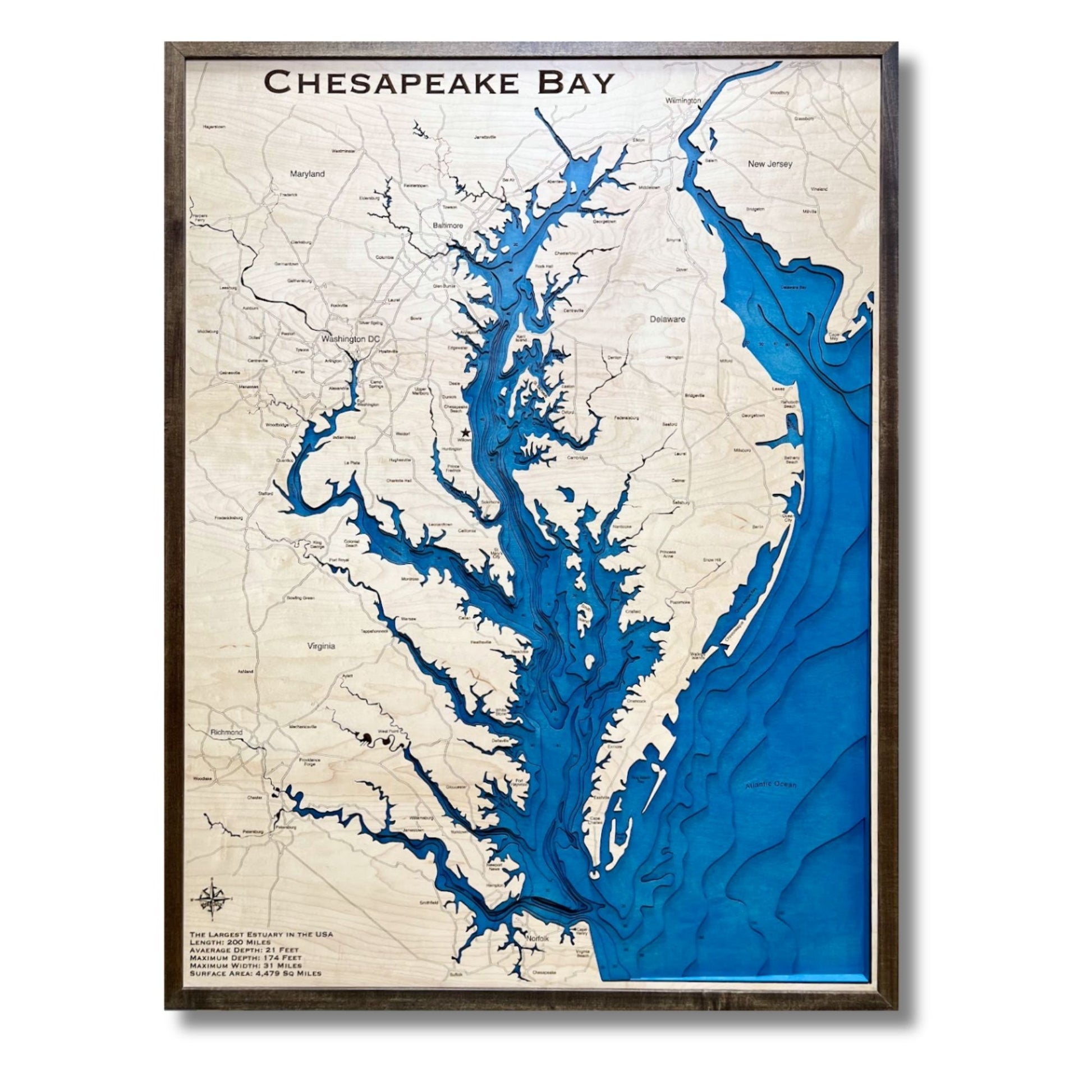 Large multilayer wooden map of Chesapeake bay.