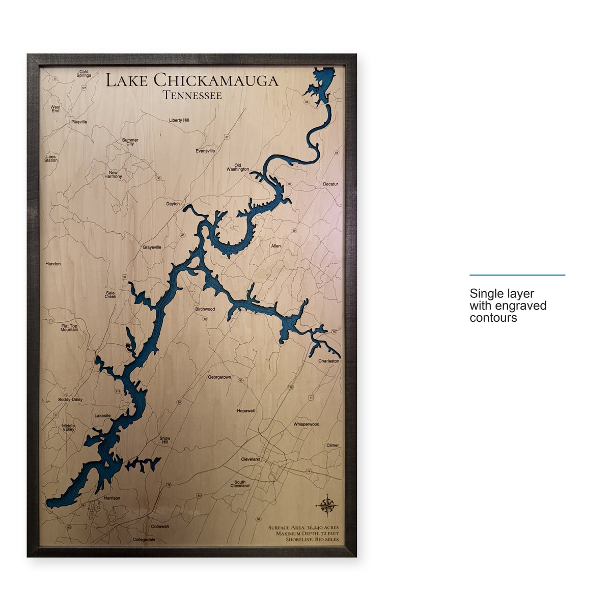 Chickamauga Black wood map — single layer with engraved contours, layer option shown
