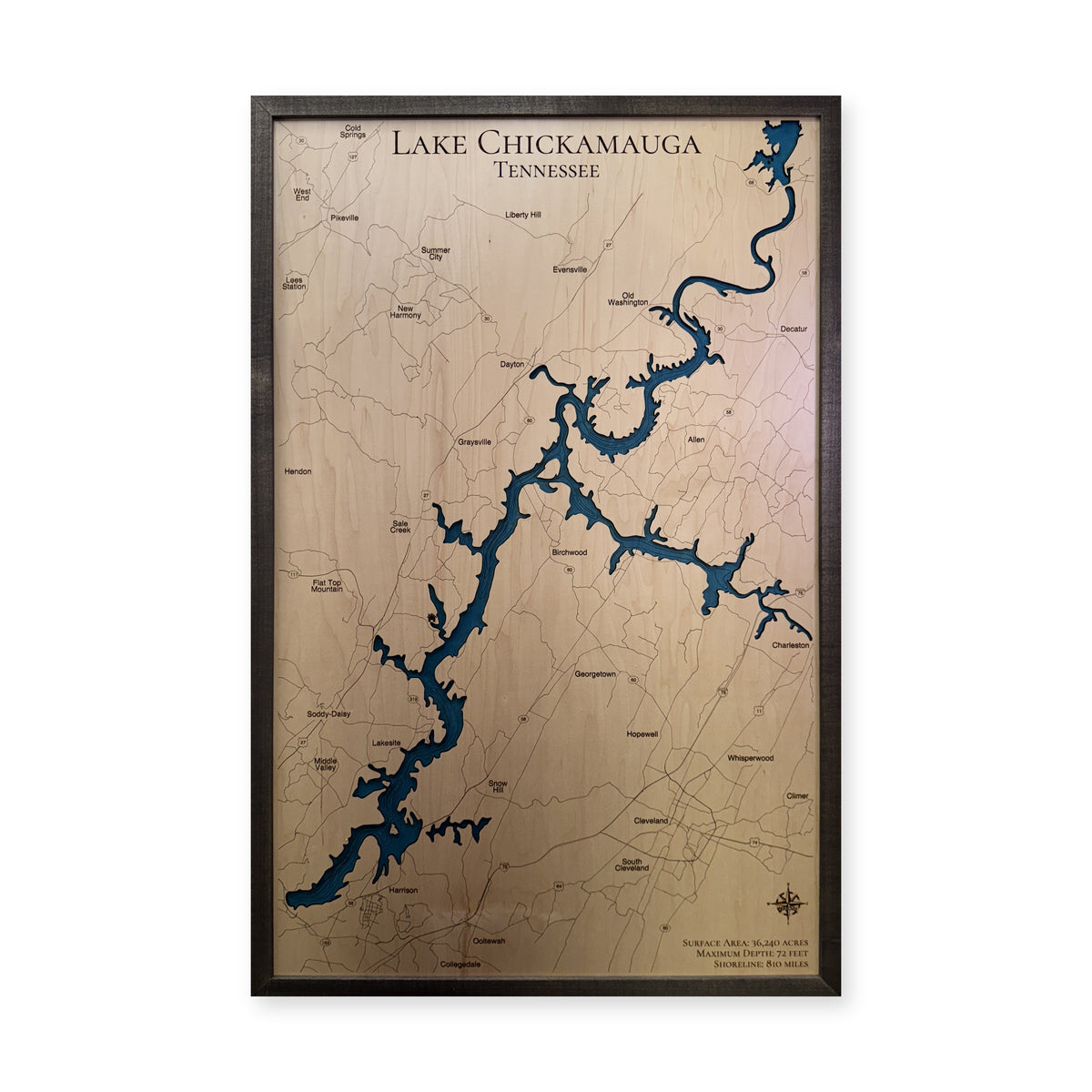 Chickamauga Black wood map — single layer with engraved contours, white background