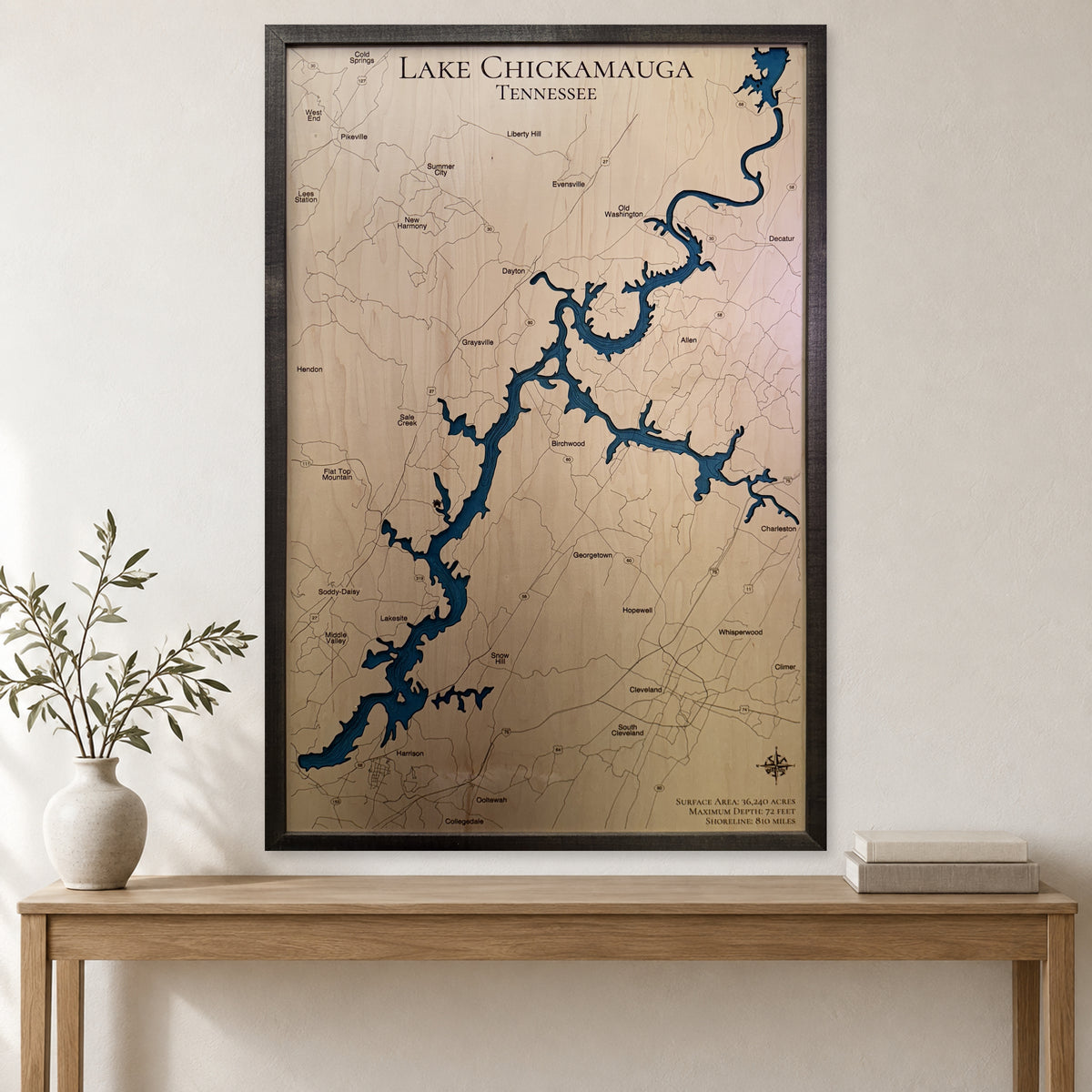 Chickamauga Black wood map — single layer with engraved contours, staged room mockup