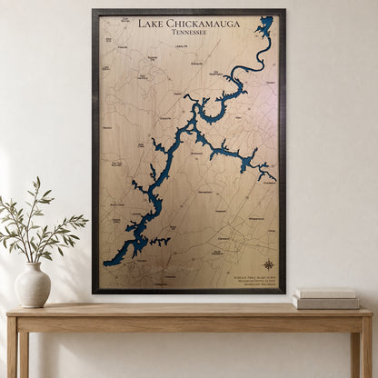 Chickamauga Black wood map — single layer with engraved contours, staged room mockup