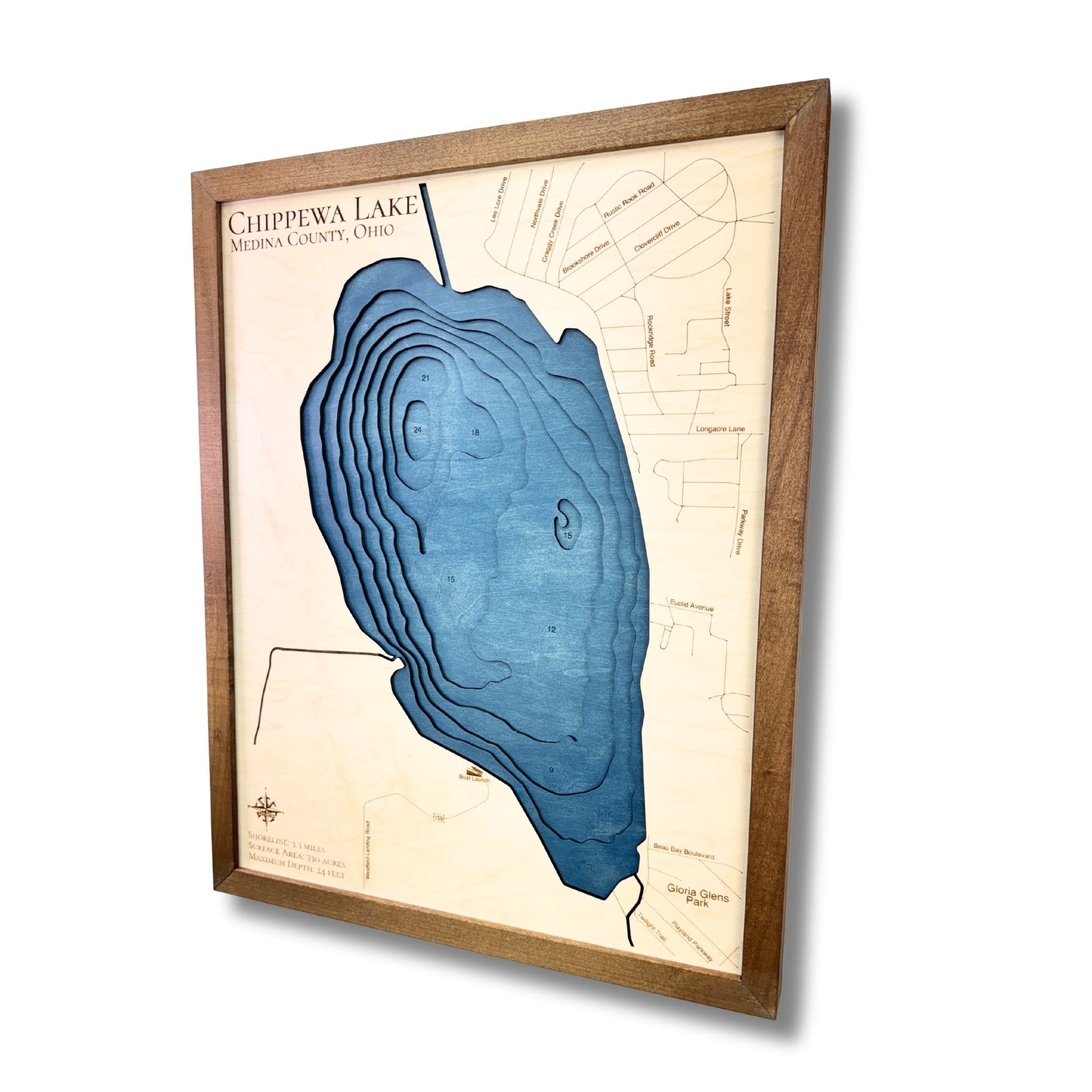 Sideview of wooden map of Chippewa Lake.