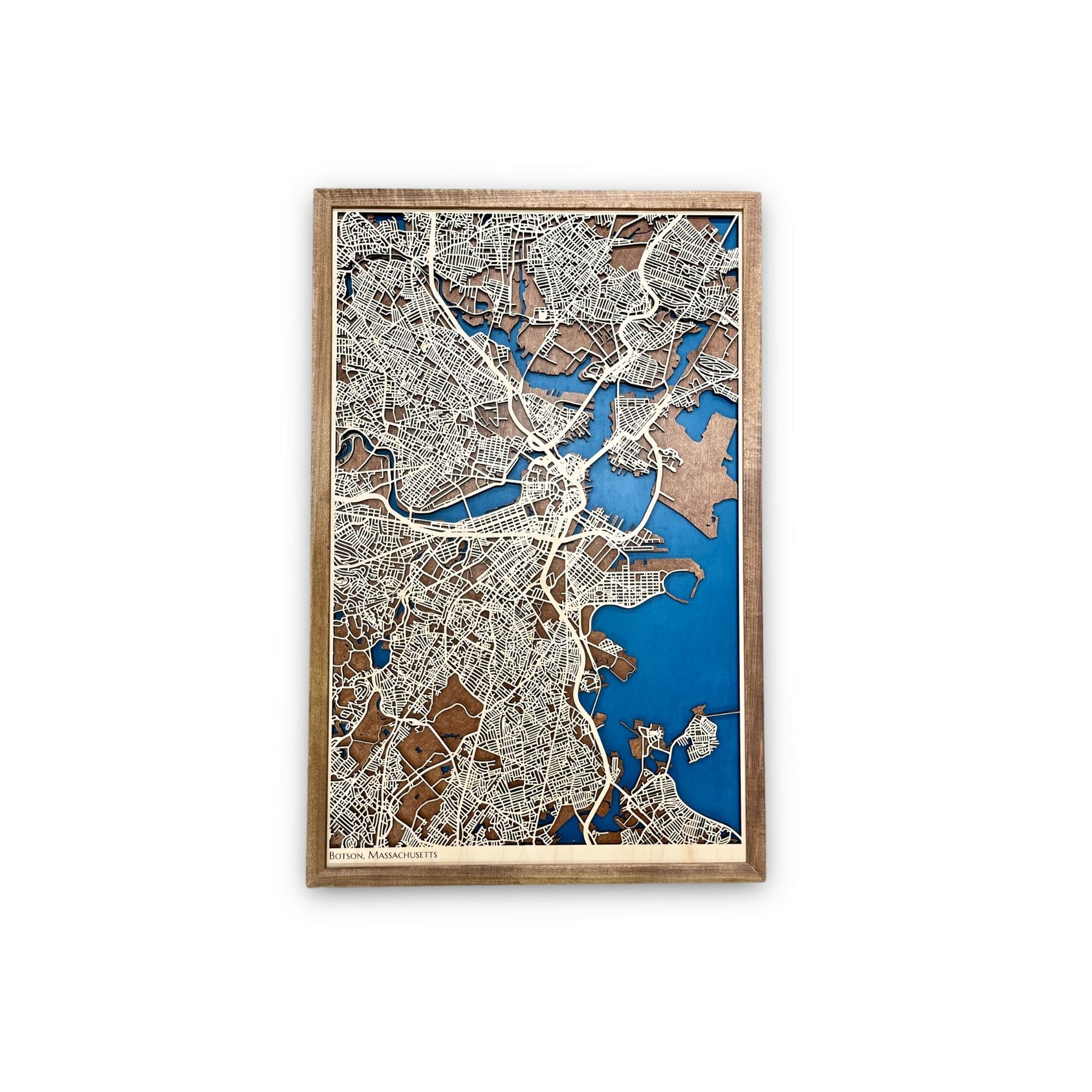Large wooden city map of Boston, Massachusetts with deep blue water stain and a walnut brown frame. 