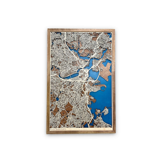 Large wooden city map of Boston, Massachusetts with deep blue water stain and a walnut brown frame. 