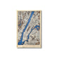 Custom map of Manhattan with blue water stain and raised roads in a natural colored frame. 