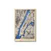 Custom map of Manhattan with blue water stain and raised roads in a natural colored frame. 