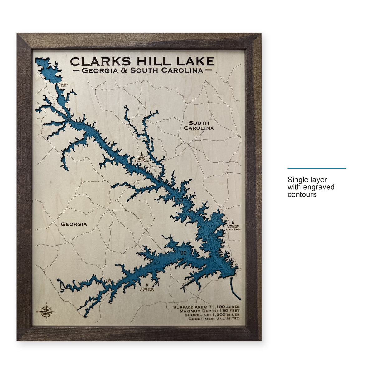 Clarks Hill Walnut wood map — single layer with engraved contours, layer option shown