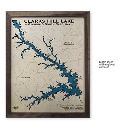 Clarks Hill Walnut wood map — single layer with engraved contours, layer option shown