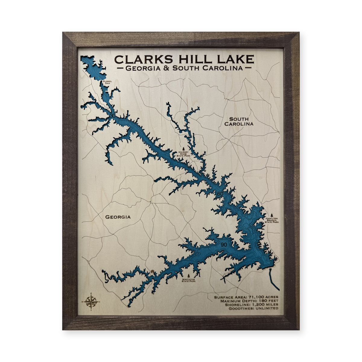 Clarks Hill Walnut wood map — single layer with engraved contours, white background