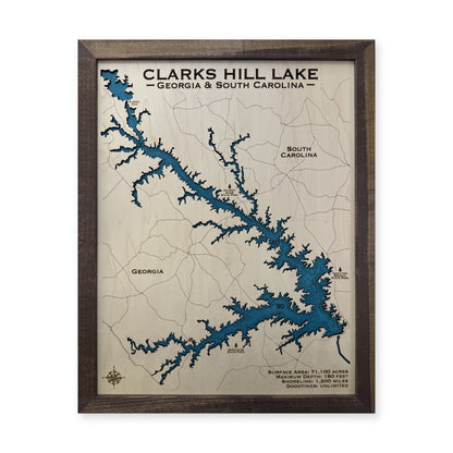 Clarks Hill Walnut wood map — single layer with engraved contours, white background