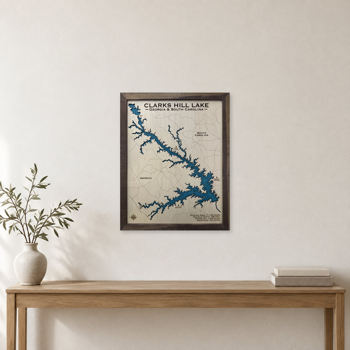 Clarks Hill Walnut wood map — single layer with engraved contours, staged room mockup