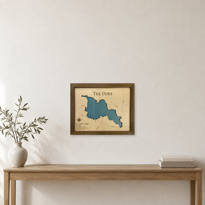 Clary Doe wood map — single layer, staged room mockup