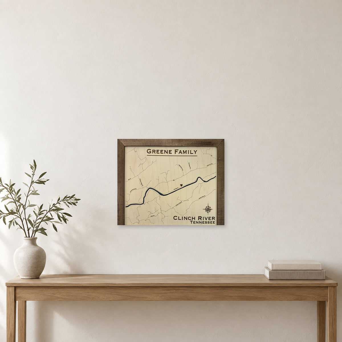 Clinch Greene wood map — single layer, staged room mockup