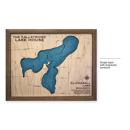 Clitherall Callstrom wood map — single layer with engraved contours, layer option shown