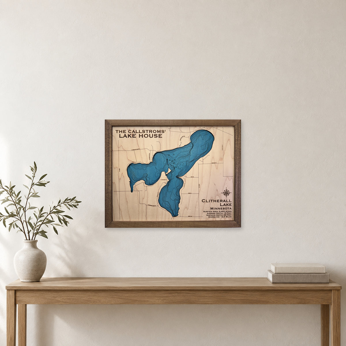 Clitherall Callstrom wood map — single layer with engraved contours, staged room mockup