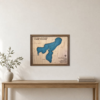 Clitherall Callstrom wood map — single layer with engraved contours, staged room mockup