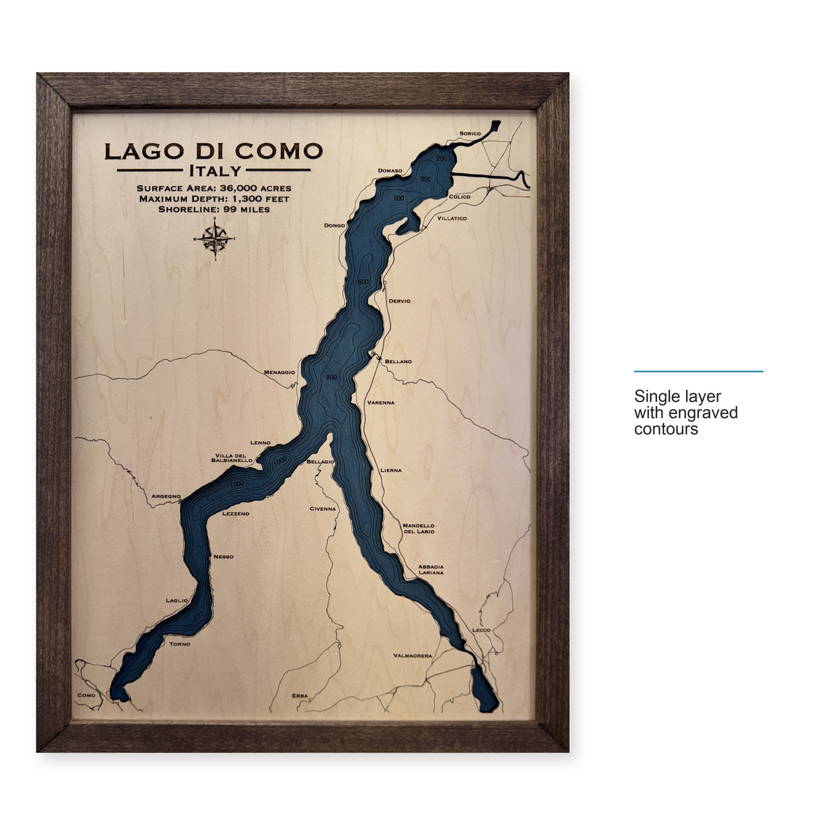 Como Walnut Engraved wood map — single layer with engraved contours, layer option shown