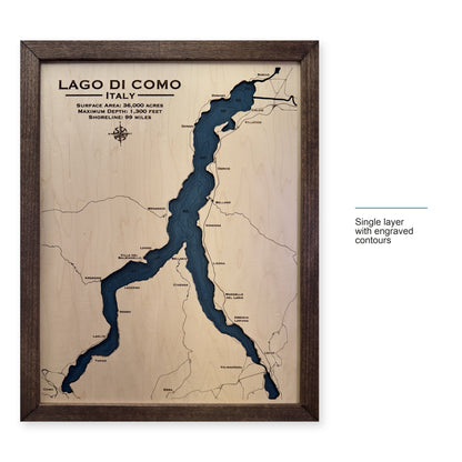 Como Walnut Engraved wood map — single layer with engraved contours, layer option shown