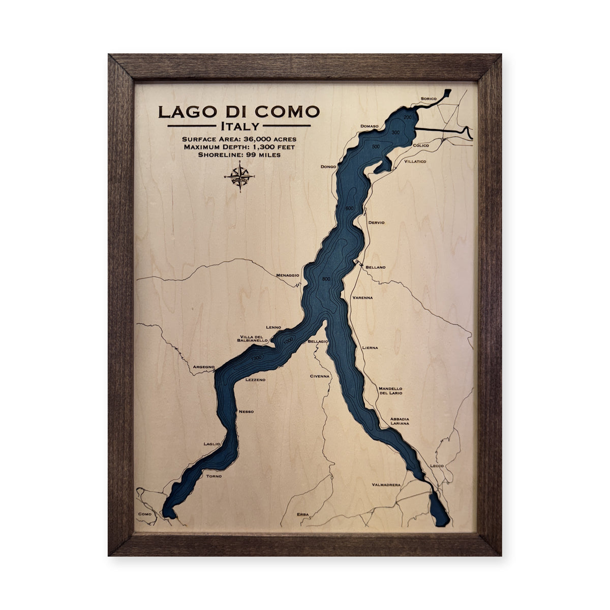 Como Walnut Engraved wood map — single layer with engraved contours, white background