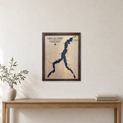 Como Walnut Engraved wood map — single layer with engraved contours, staged room mockup