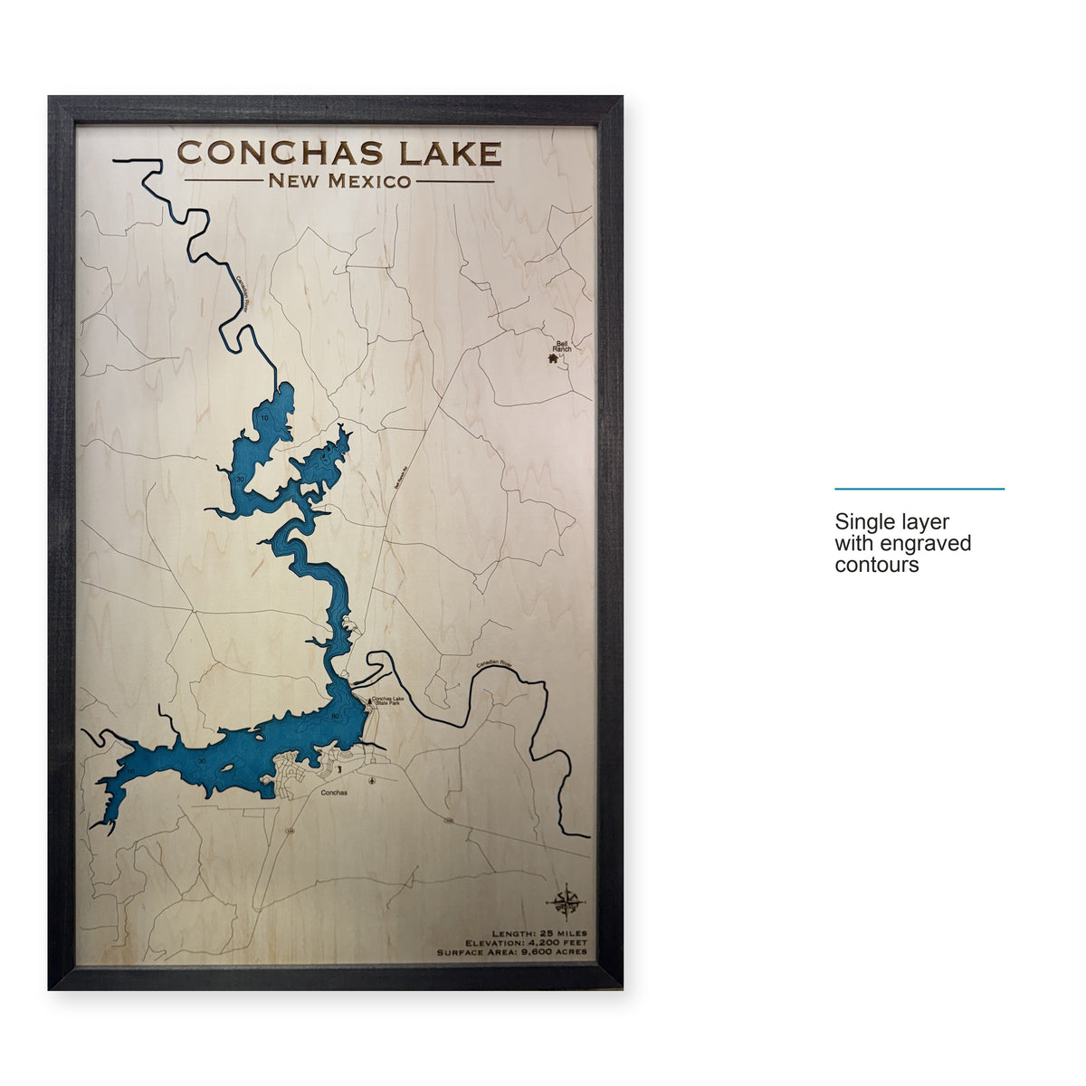 Conchas Engraved wood map — single layer with engraved contours, layer option shown