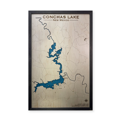 Conchas Engraved wood map — single layer with engraved contours, white background