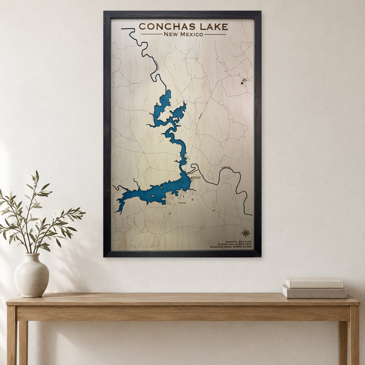 Conchas Engraved wood map — single layer with engraved contours, staged room mockup