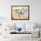 Framed wooden golf map of Concord Country Club on a wall above a white sofa with decorative pillows.