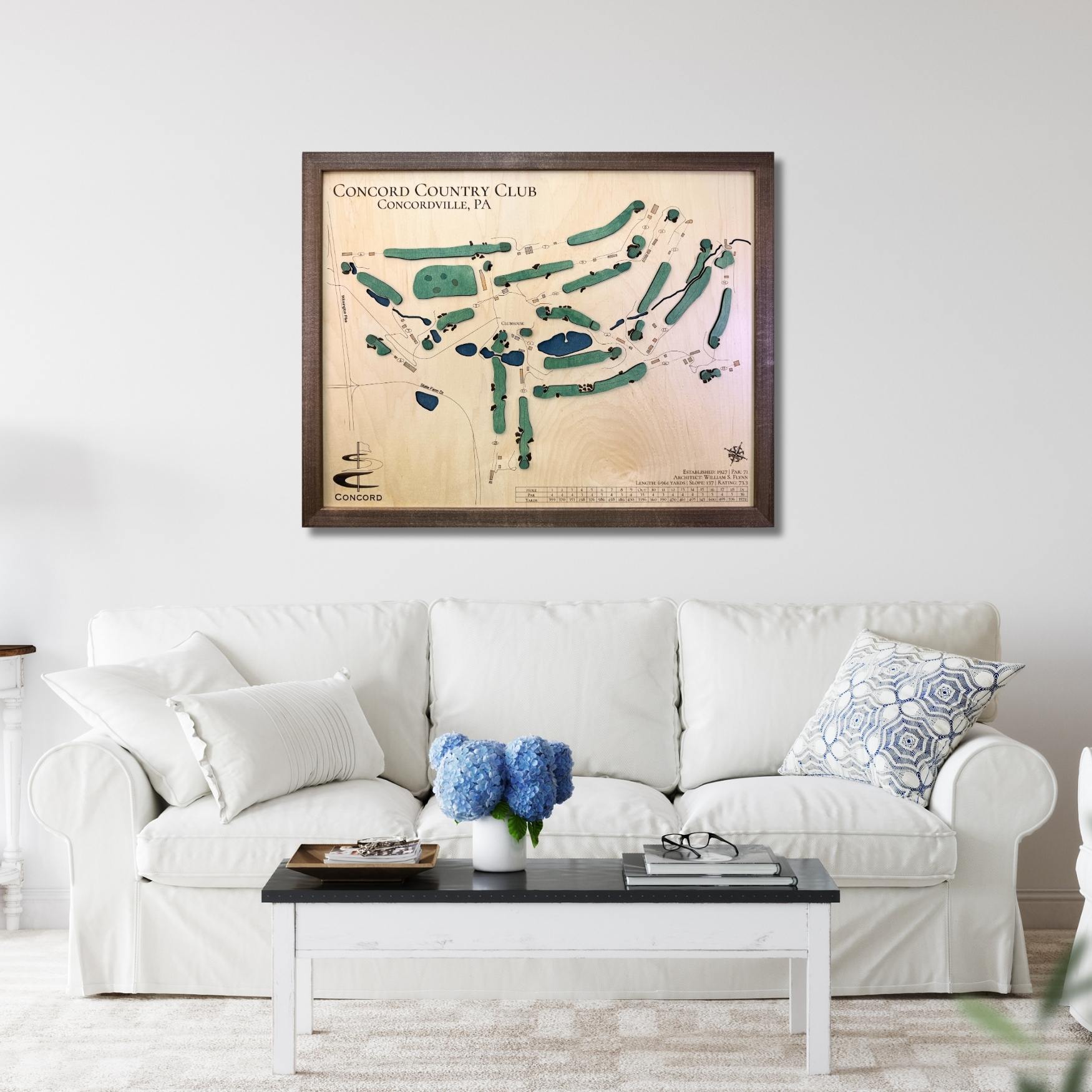 Framed wooden golf map of Concord Country Club on a wall above a white sofa with decorative pillows.