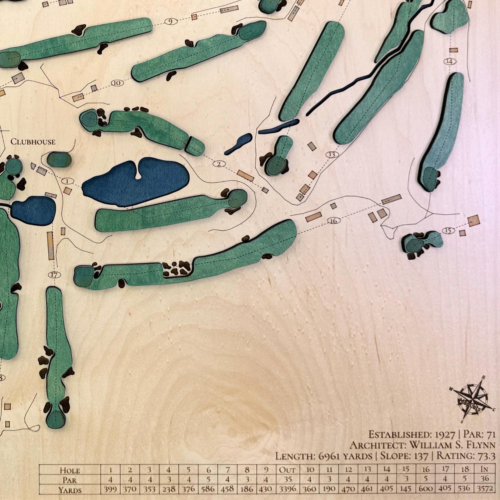 Close up of wooden golf course map with green fairways, blue water hazards, and engraved text. 