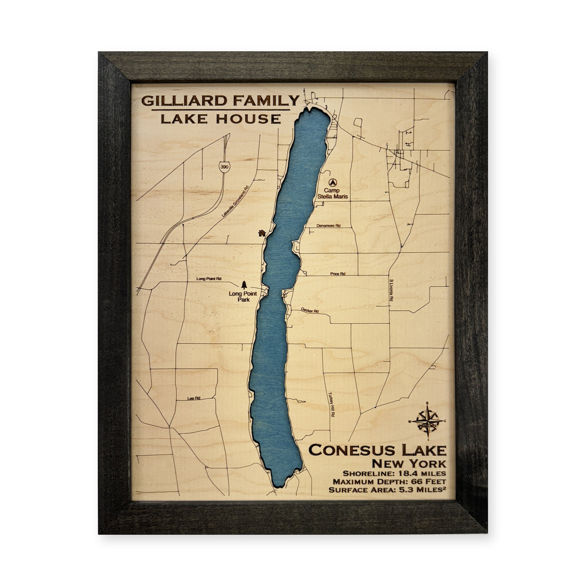 Conesus Gilliard wood map — single layer, white background
