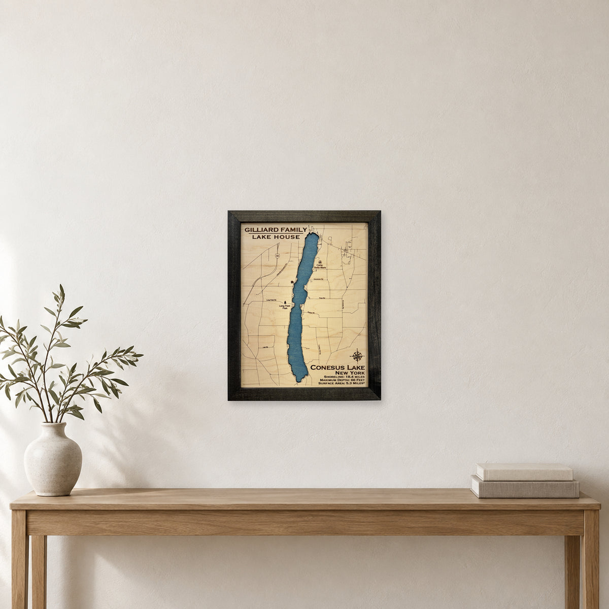 Conesus Gilliard wood map — single layer, staged room mockup