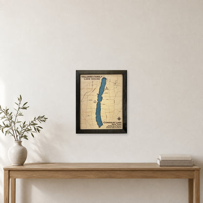 Conesus Gilliard wood map — single layer, staged room mockup