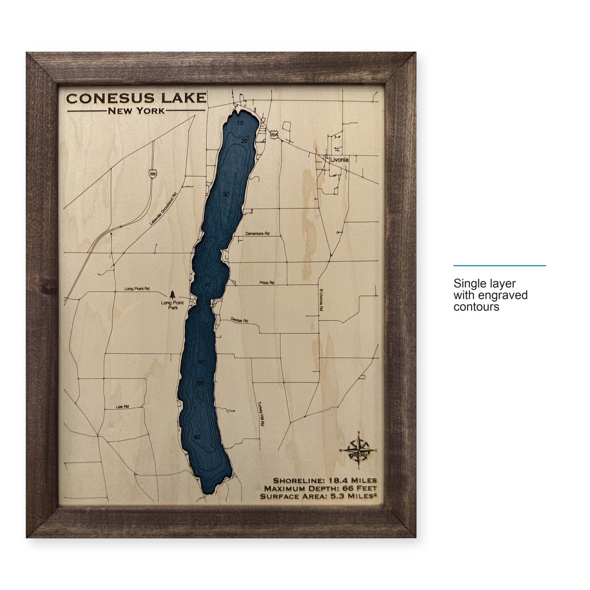 Conesus Walnut wood map — single layer with engraved contours, layer option shown