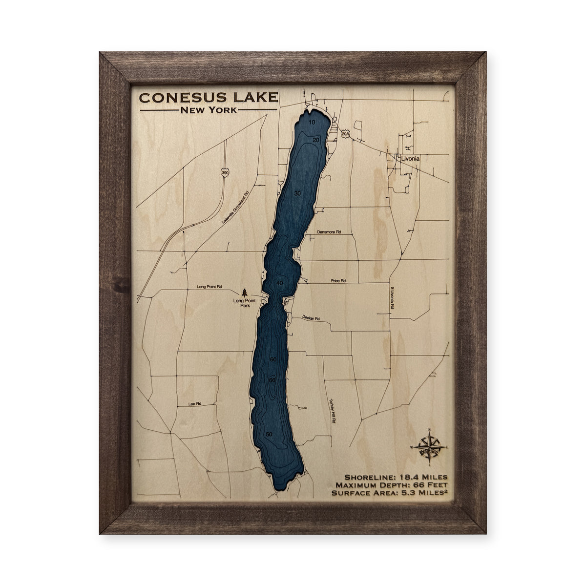 Conesus Walnut wood map — single layer with engraved contours, white background